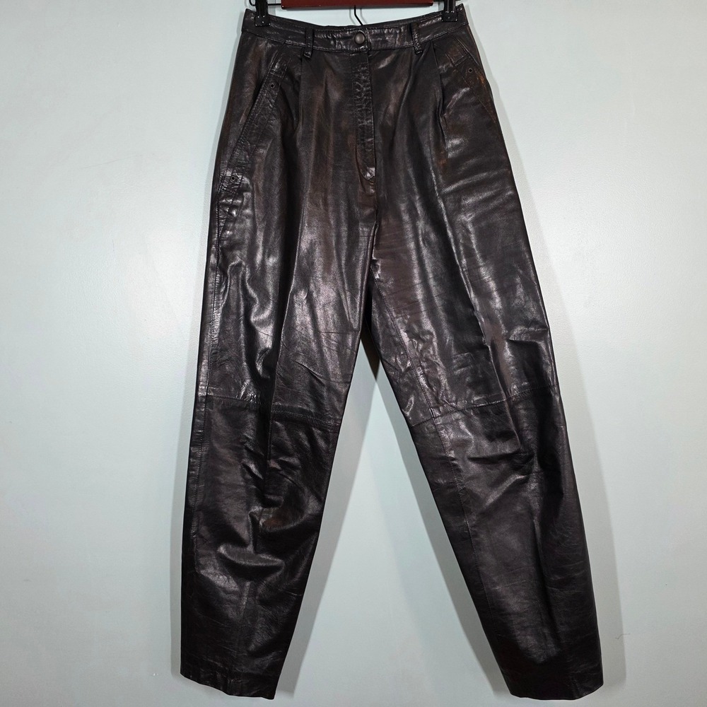 Intuition Vintage Black Leather Pants High Waisted Pleated Tapered Leg‎ Womens 8